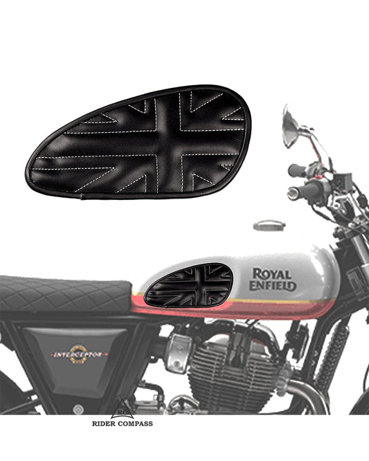 INTERCEPTOR-650 LEATEHER TANK PAD, UNION JACK STITCHED - WHITE THREAD