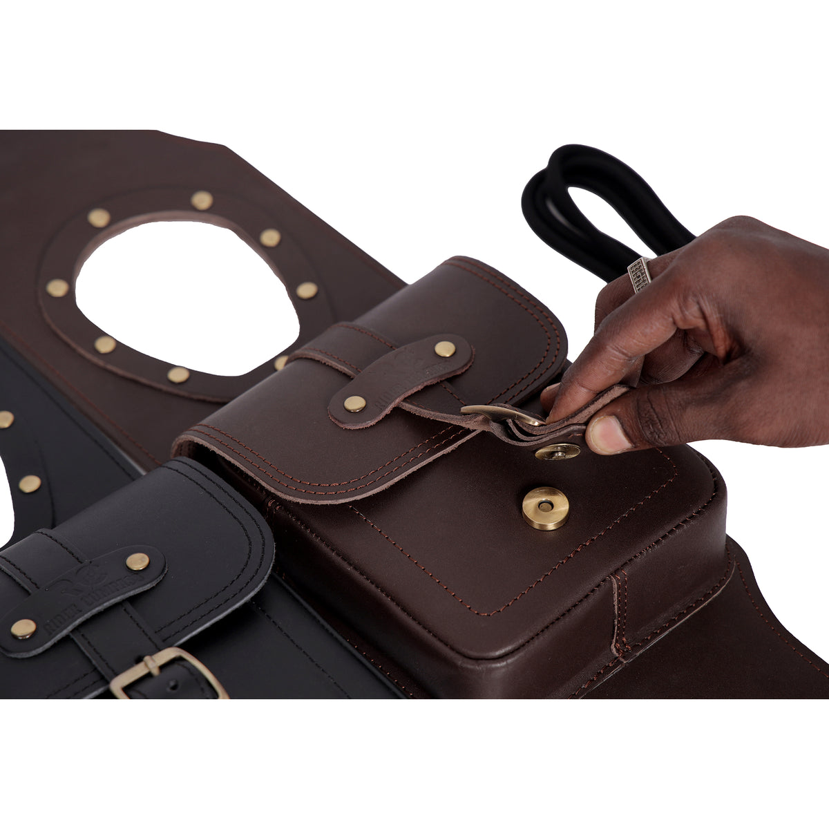 Shop handcrafted real leather motorcycle tank bags with secure zipper pouches, quick-access magnetic buttons, and anti-scratch lining. Available in black and brown with free care kits.